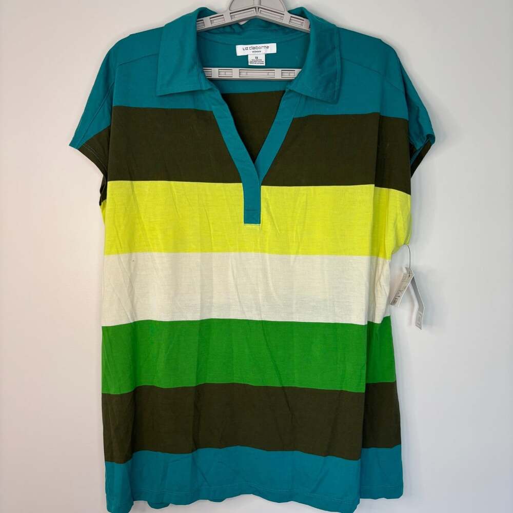 Liz Claiborne NEW striped cap sleeve pullover tee plus 1X green v-neck stretch